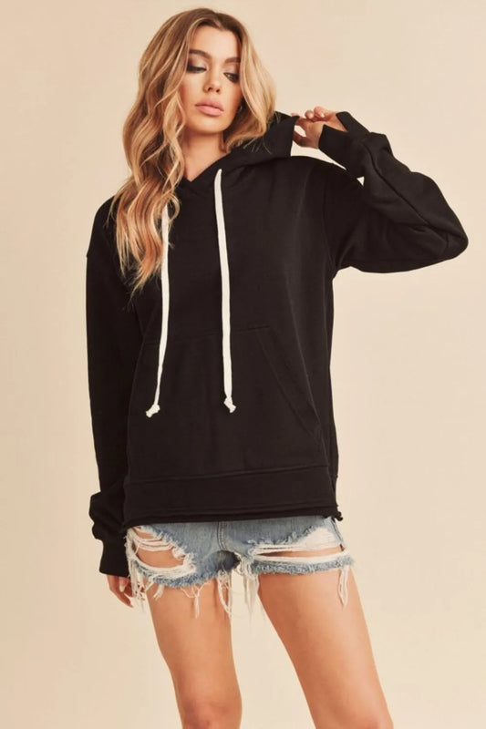 Aemi + Co Raw Hem Kangaroo Pocketed Drawstring Hoodie Black