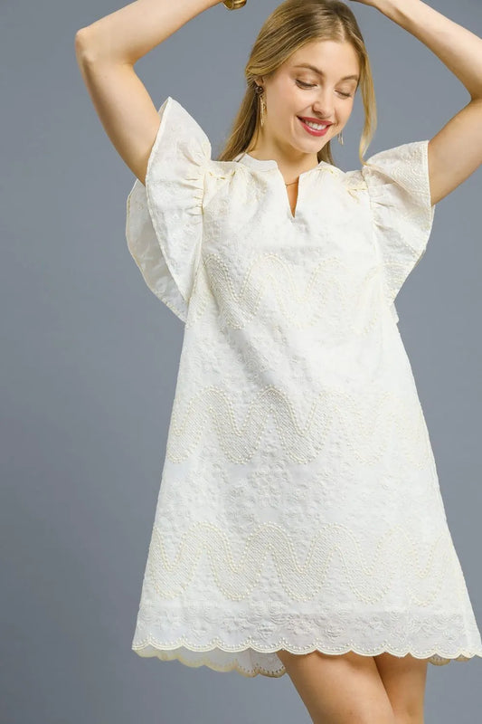 Umgee Scalloped Hem Embroidered Mini Dress White