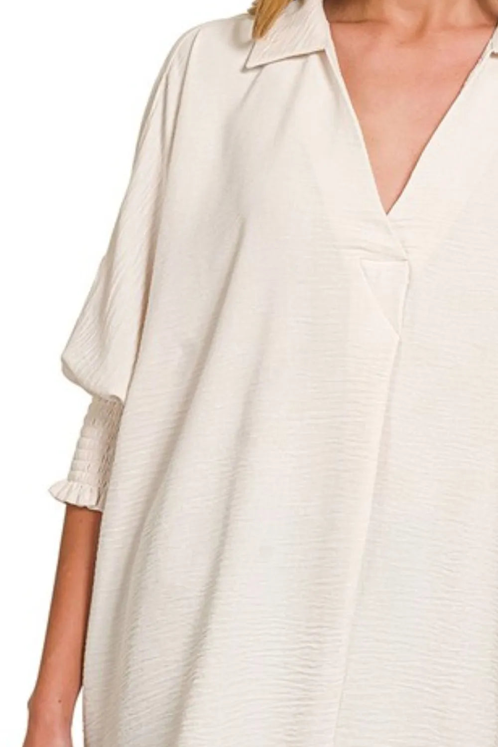 Zenana Airflow Collar Tee with Smocked Sleeve Band Top