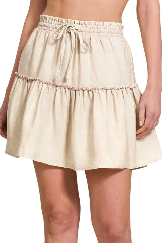 Zenana Tencel Washed Tiered Mini Skirts SAND BEIGE