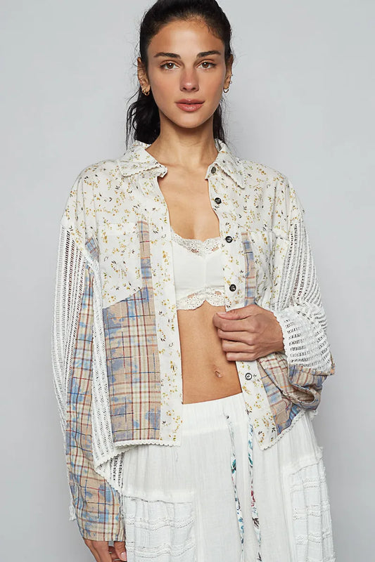 POL Floral Slit Back Plaid Patchwork Shirt Ivory