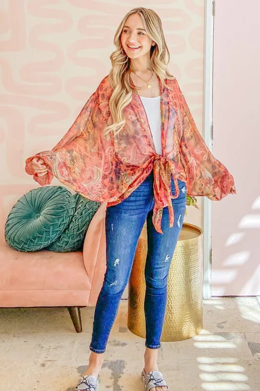 And The Why Front Tie Knot Oversized Print Top RUST