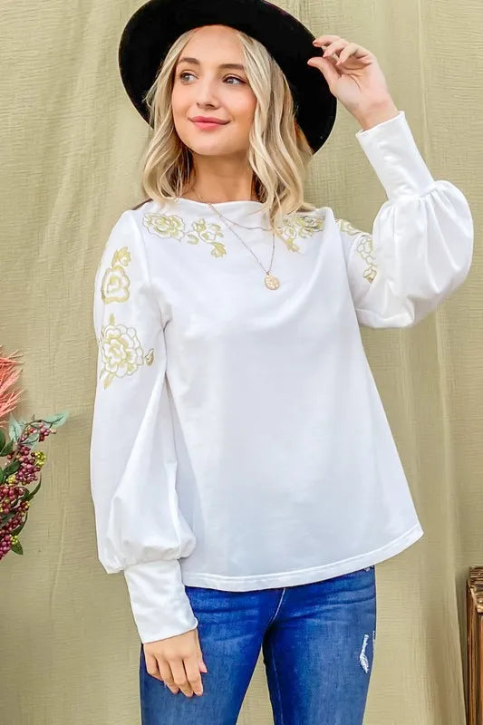 And The Why Flower Gold Embroidery Shoulder Detailed Top