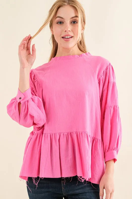And The Why Loose Fit Tiered Raw Edge Hem Blouse Top PINK
