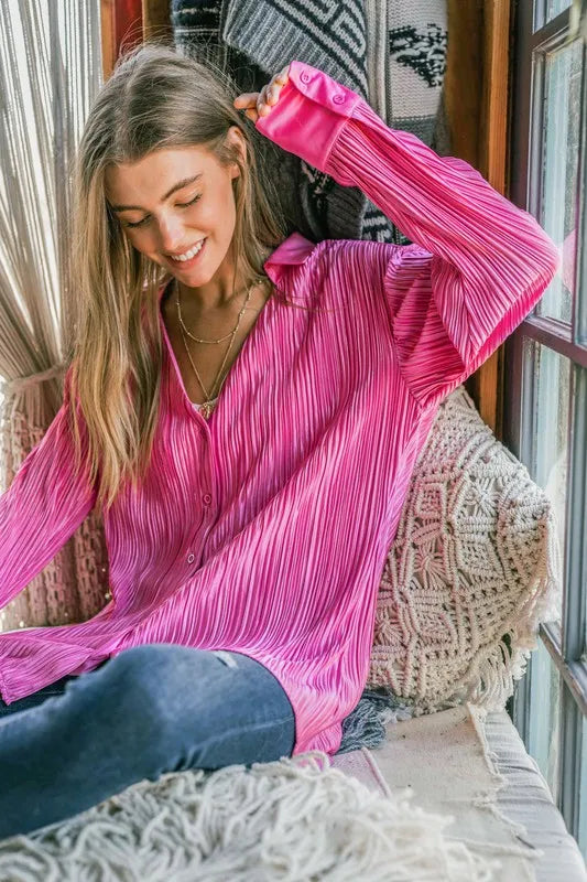 And The Why V Neck Pleated Long Sleeves Shirt FUCHSIA