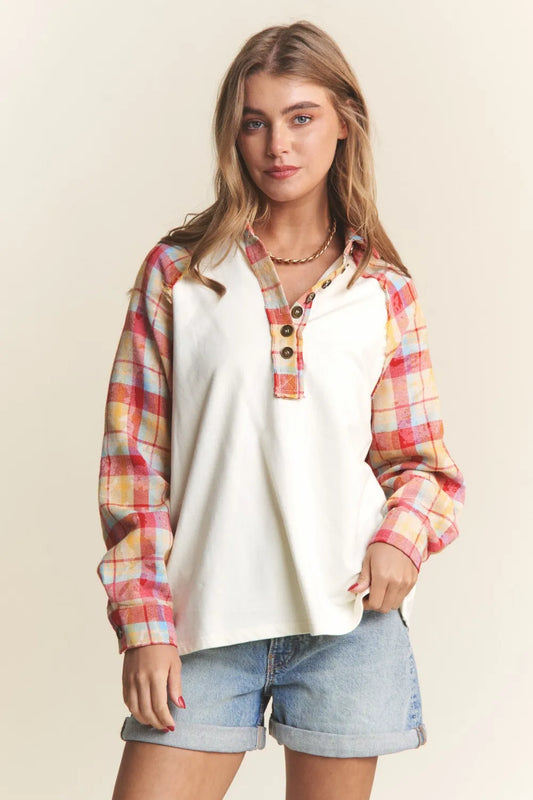 J.NNA Plaid Contrast Button Down Henley Top Ivory Multi