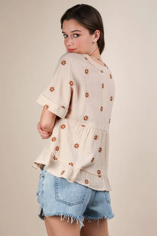VERY J Flower Embroidered Woven Blouse