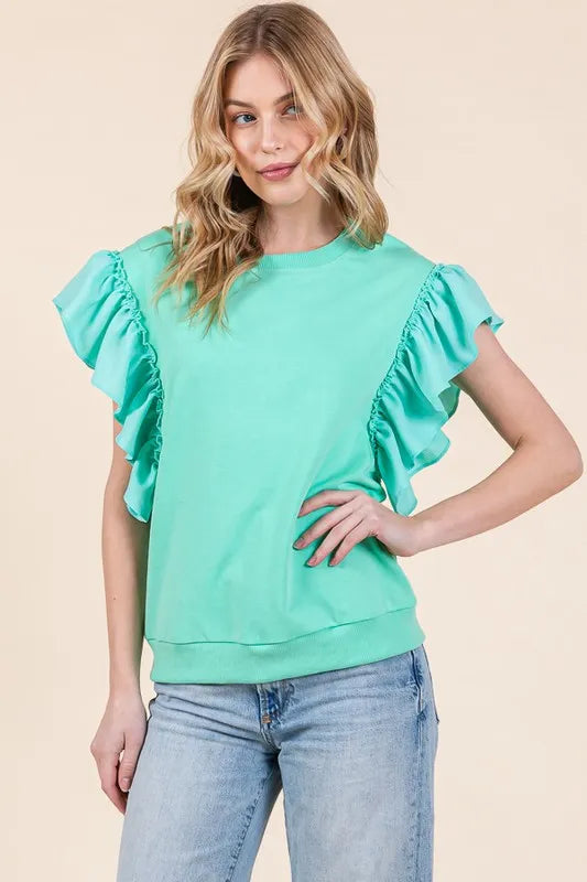 Lime 'N' Chili Solid Shoulder Ruffle Detail Round Neck Top SEA GREEN