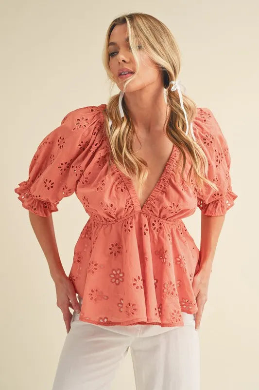 Aemi + Co Eyelet Embroidered V-Neck Half Sleeve Peplum Blouse Coral