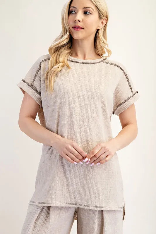 Celeste Full Size Relaxed-Fit Textured Top with Short Sleeves Plus Size