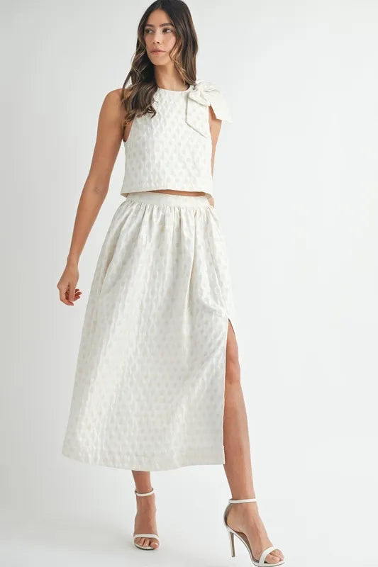 MABLE Taffeta Polka Dot Shoulder Ribbon Top and Skirt Set