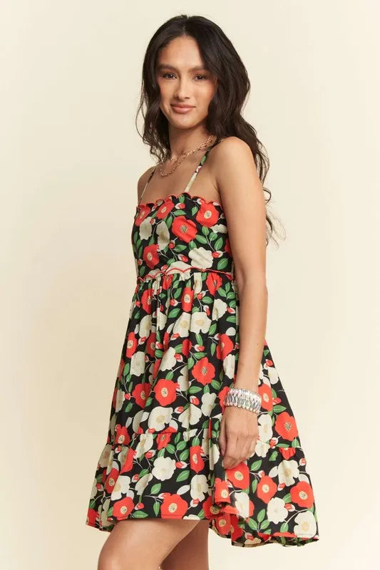 Davi & Dani Floral Scalloped Cutout Back Mini Dress