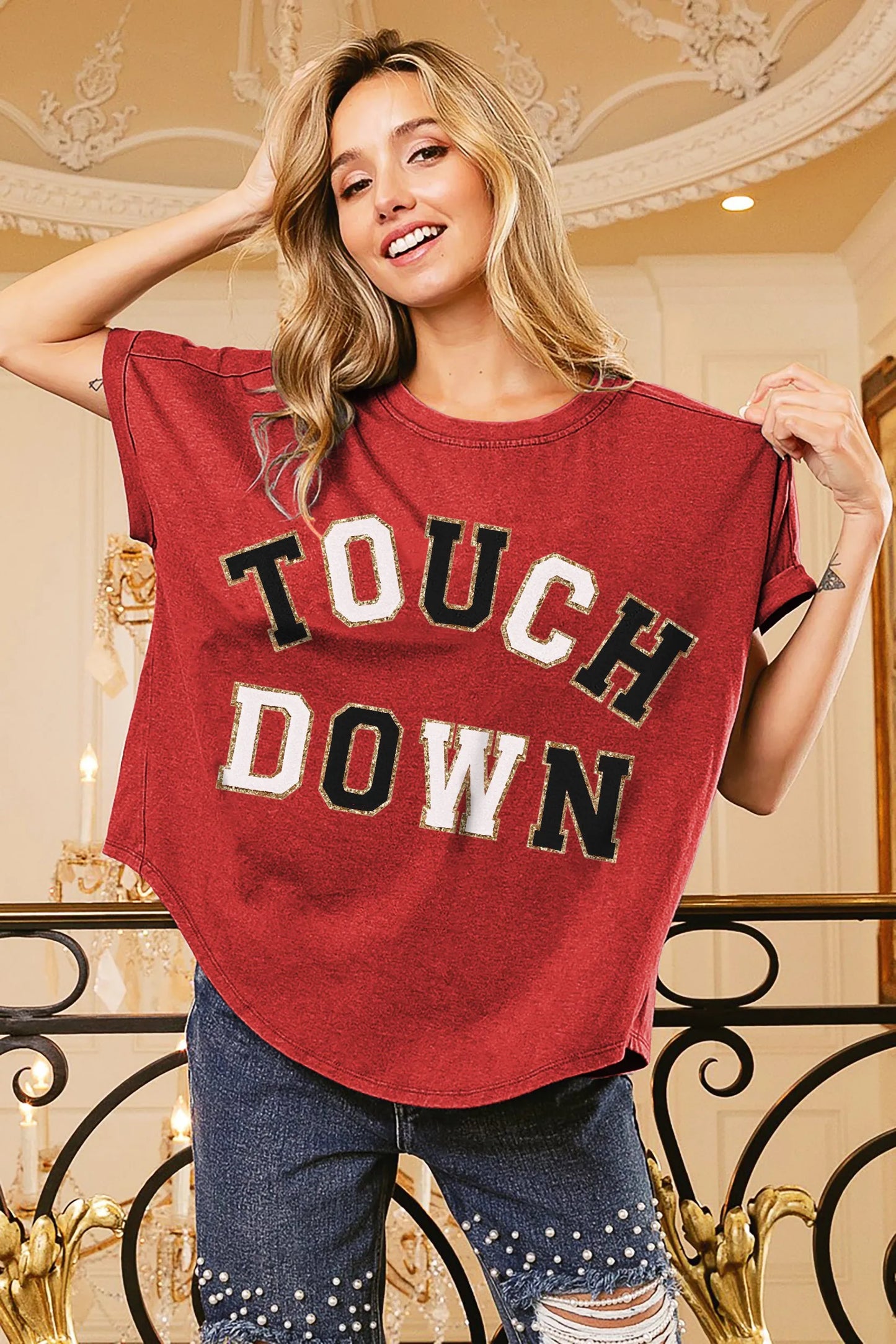 BiBi Touchdown Letter Loose Fit Vintage Washed Top RED BLACK