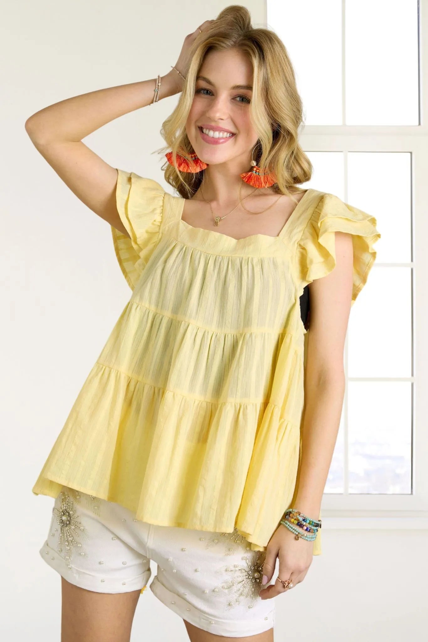 ADORA Ruffle Sleeve Babydoll Tunic Top YELLOW