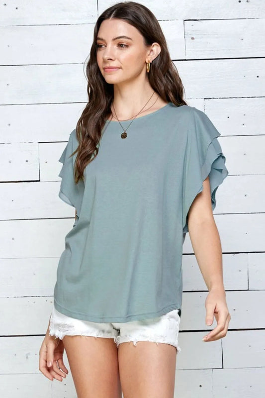 Lime 'N' Chili Round Neck Double Ruffle Cap Sleeve Top SEA BLUE