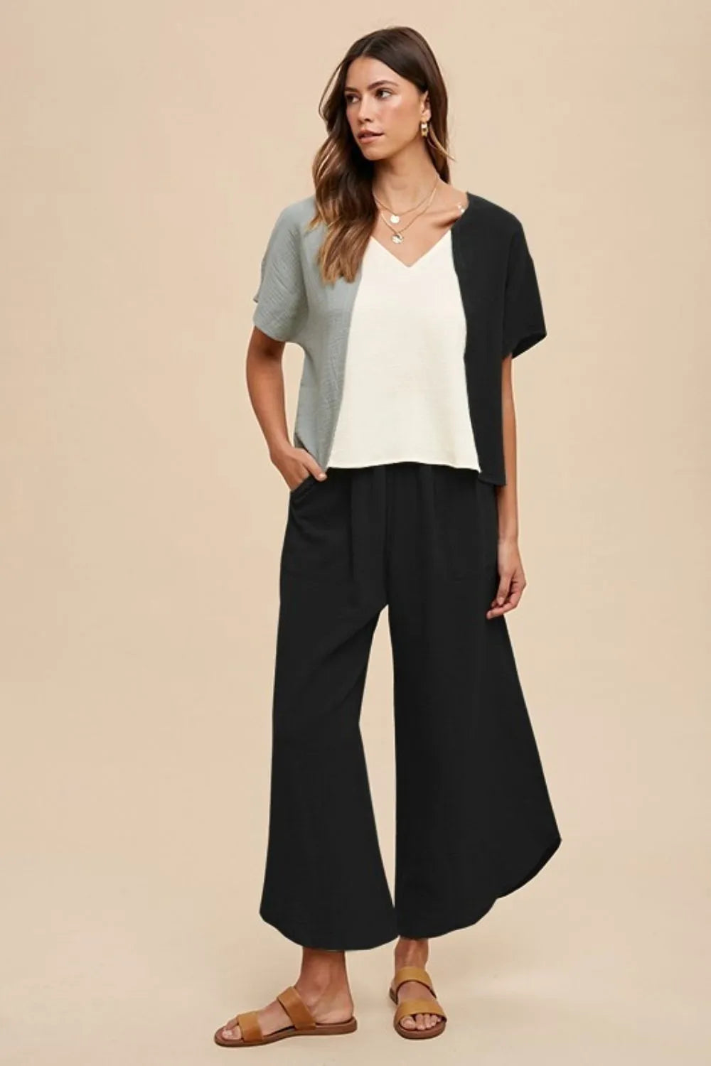 Annie Wear Color Block Cotton Gauze V-Neck Top