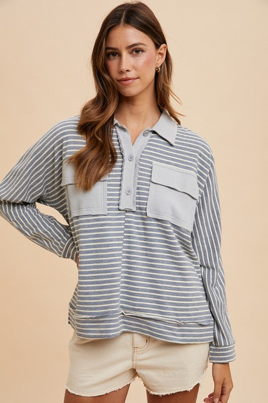 Annie Wear Striped Button Detail Long Sleeve Polo Top Grey Combo