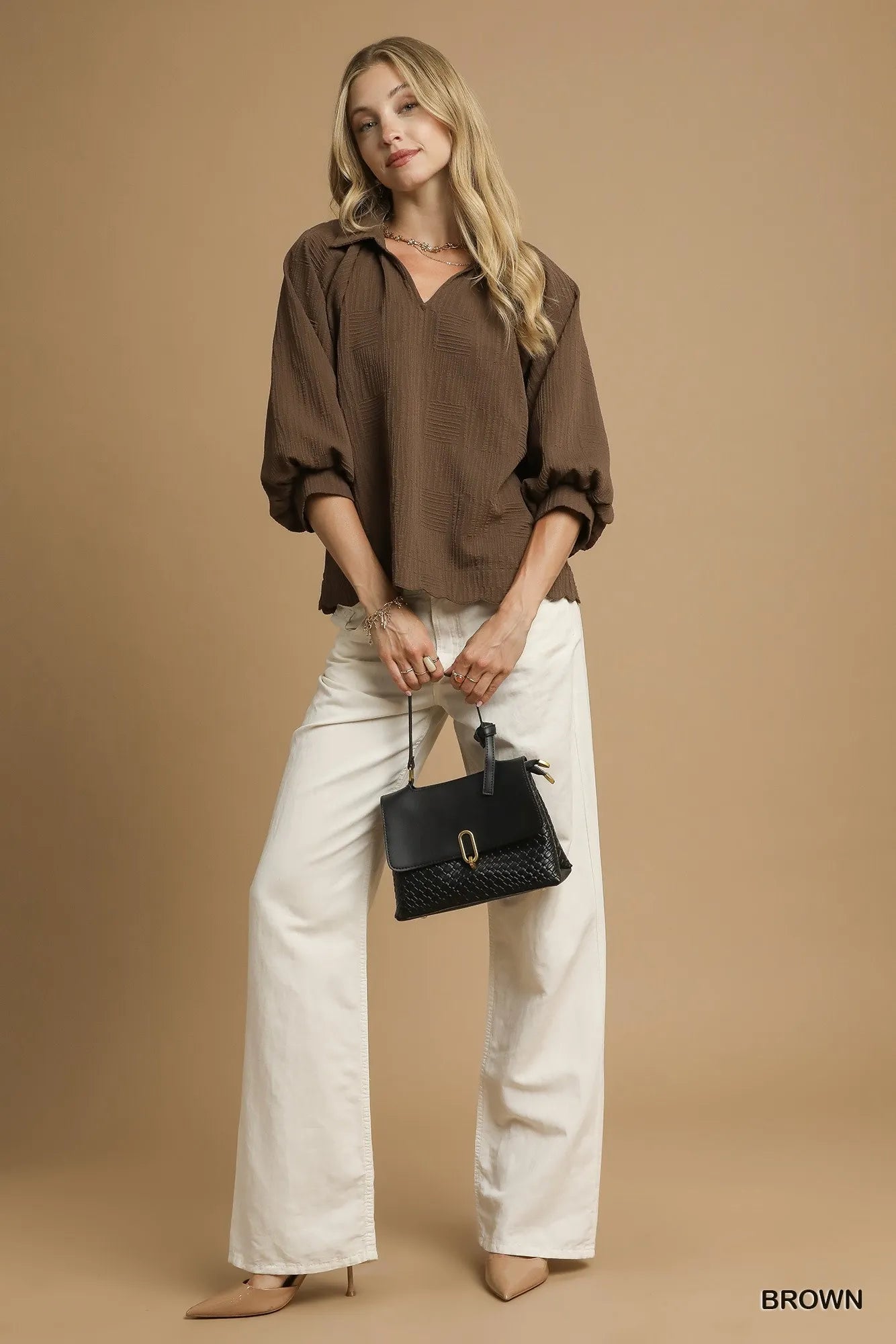 Umgee Oversized Balloon Sleeve Textured Blouse