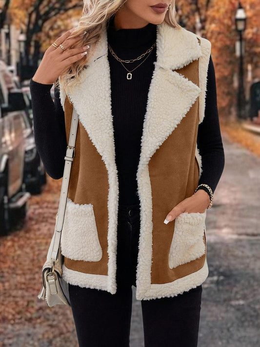 Full Size Contrast Open Front Sherpa Vest Coat Camel