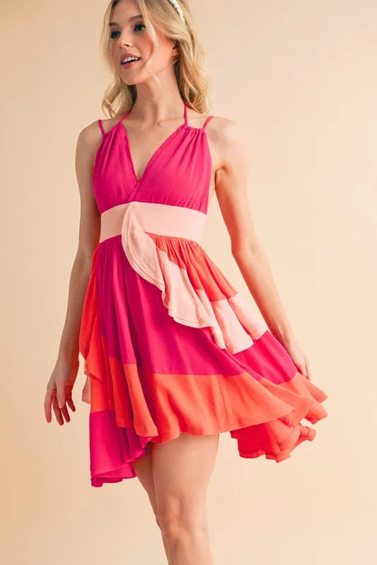 Aemi+Co Ruffled Color Block Sleeveless Mini Dress