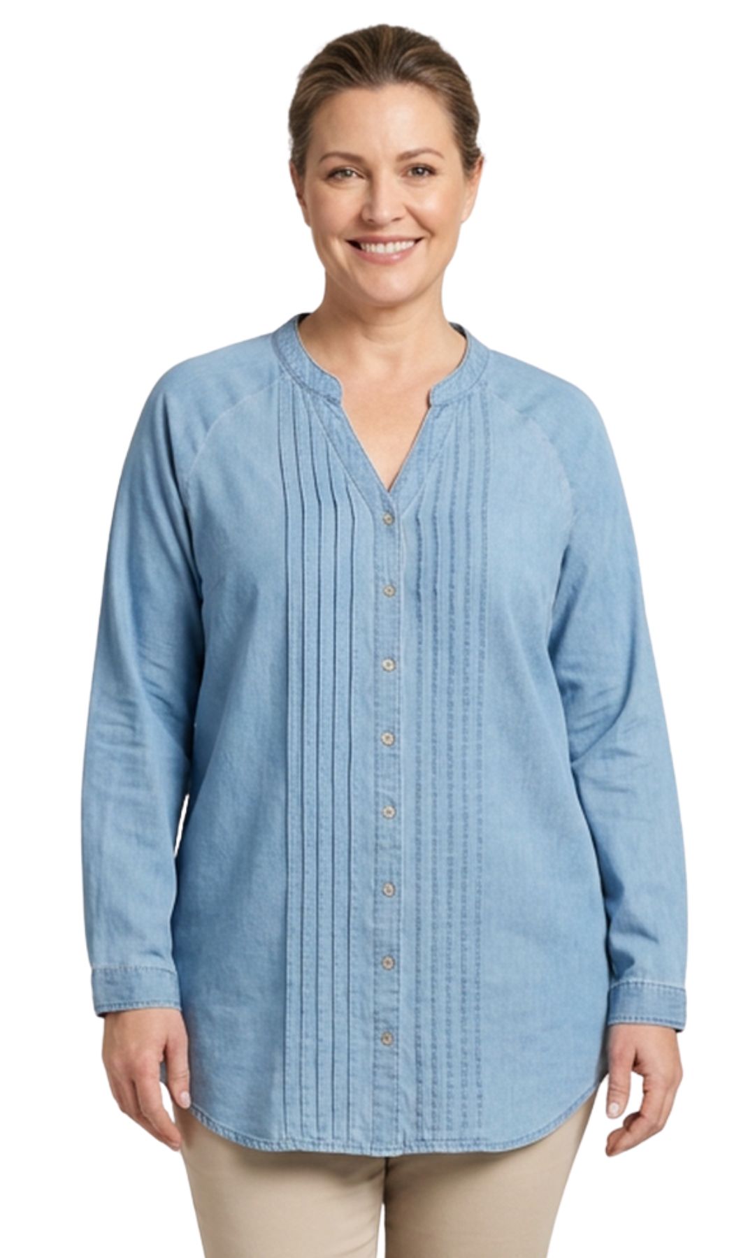 Women's Denim Pintuck Button-Front Tunic Top