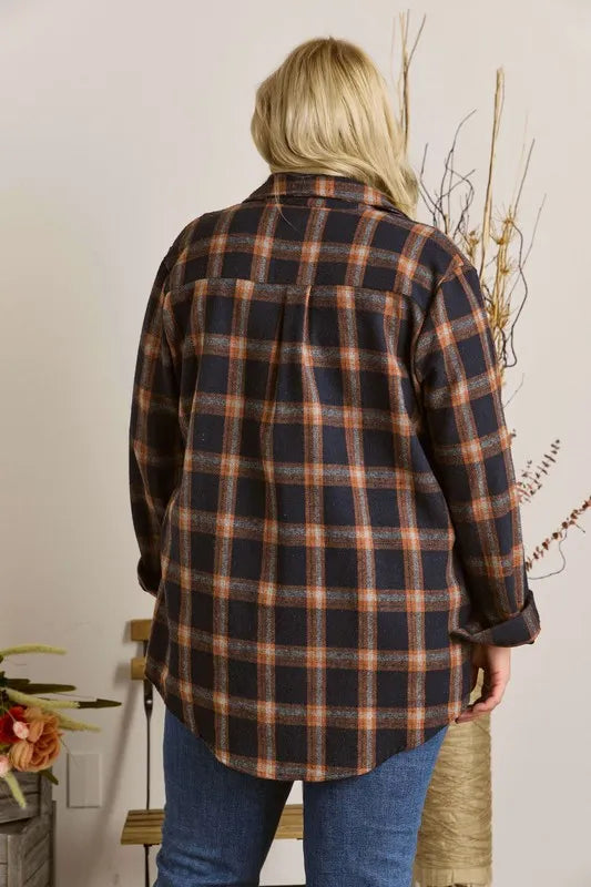 ADORA Full Size Button Down Flannel Shirt Plus Size