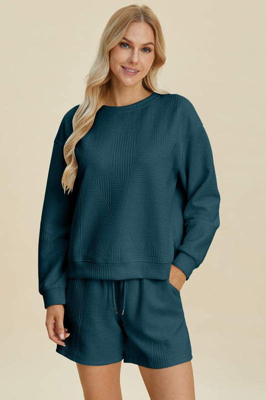 Double Take Full Size Texture Round Neck Long Sleeve Top and Shorts Set Peacock Blue