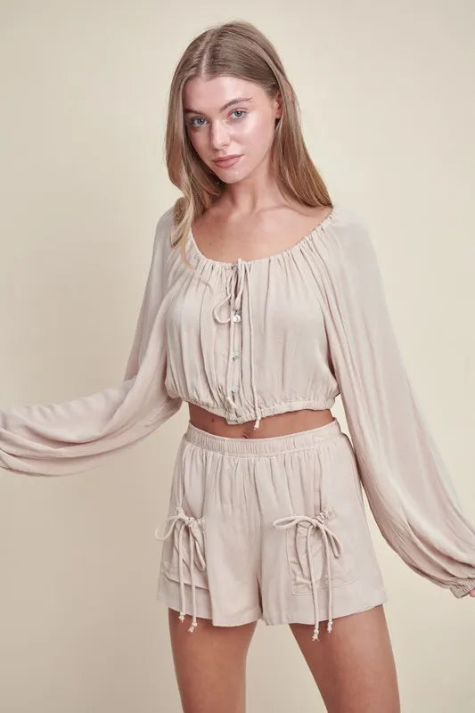 MABLE Gauze Long Sleeve Button Crop Top and Short Set Lt Taupe