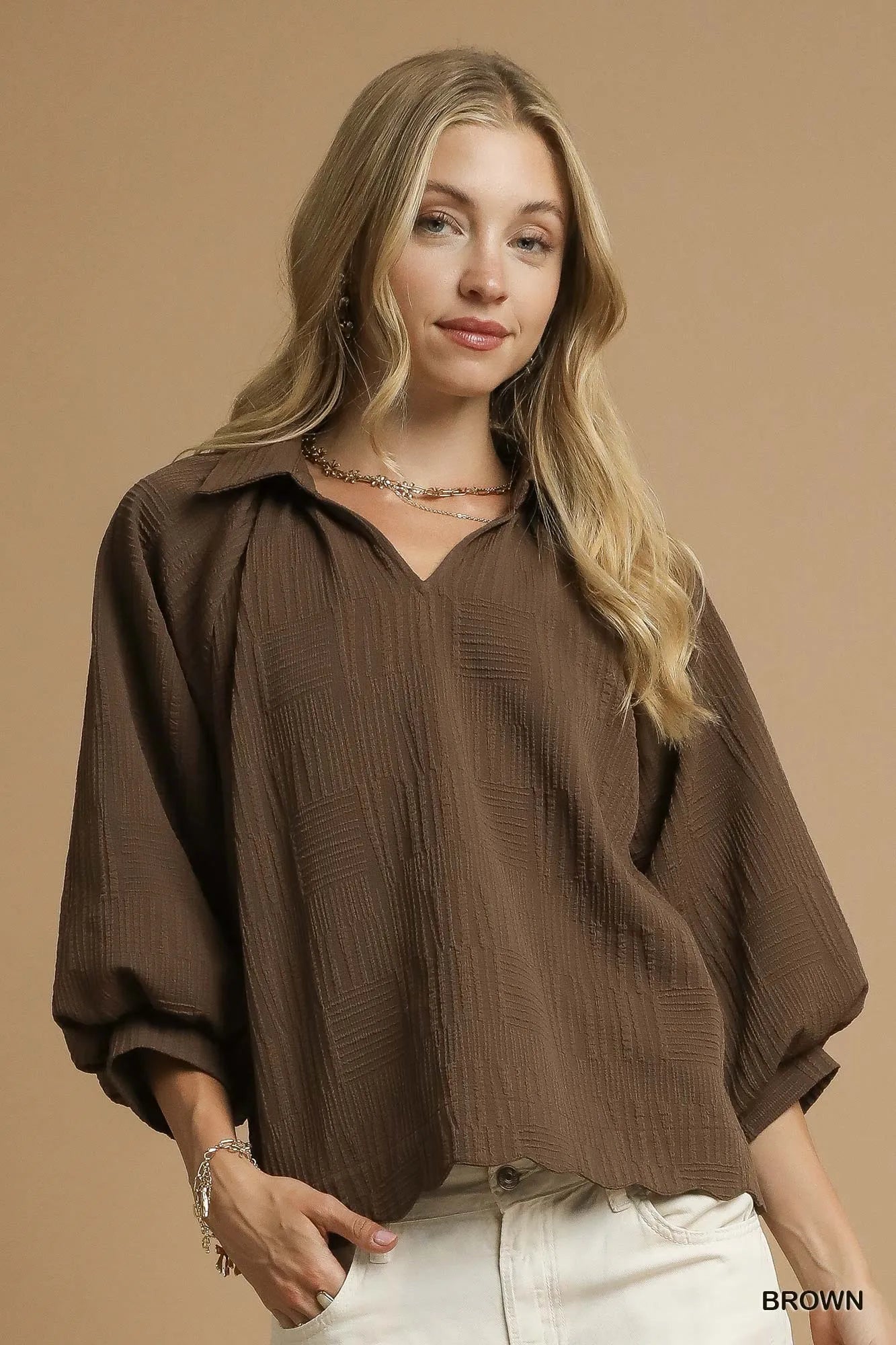 Umgee Oversized Balloon Sleeve Textured Blouse Brown