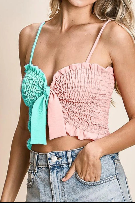 BiBi Woven Color Block Smocked with Ribbon Bra Top MINIT LT PINK