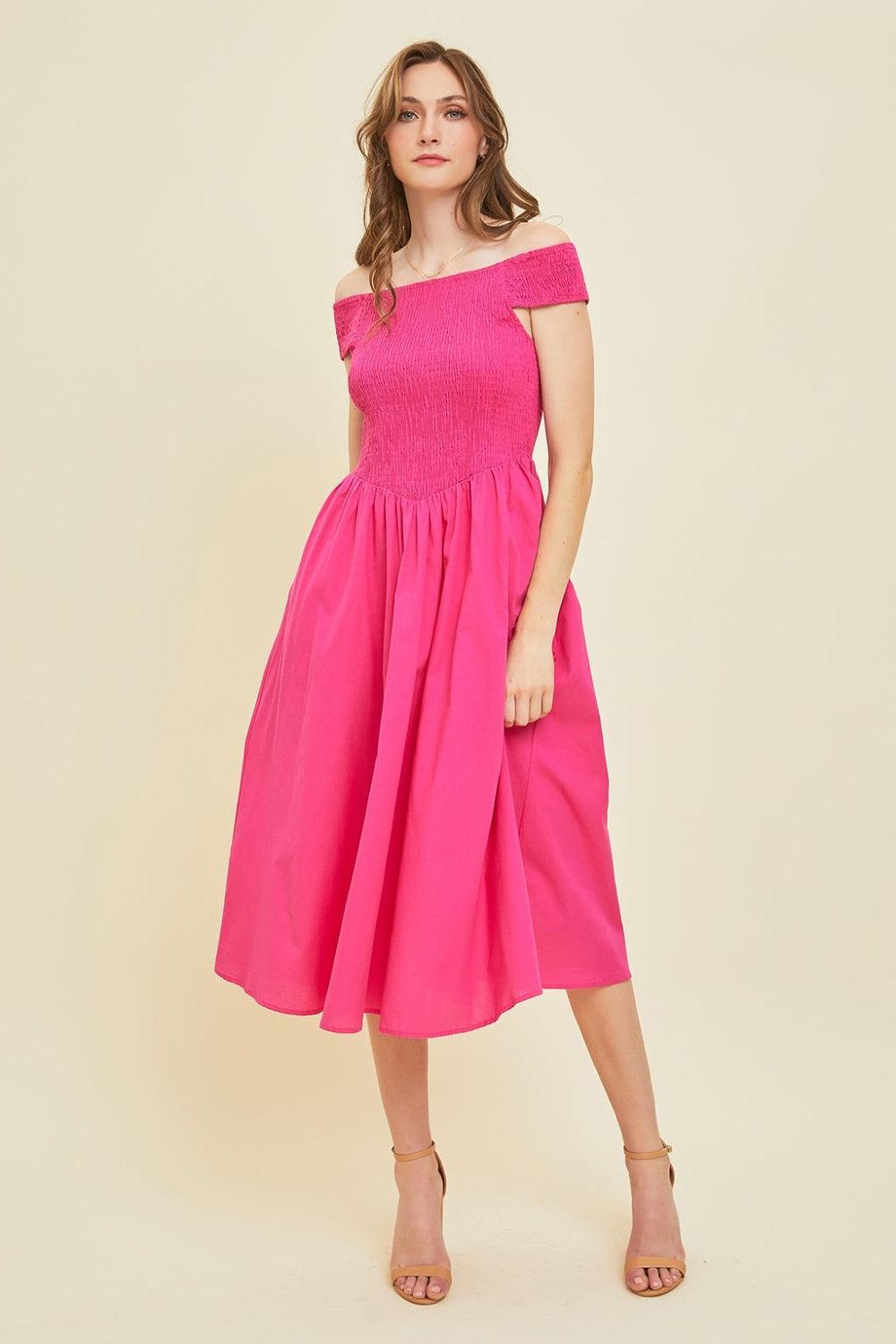 HEYSON Off-Shoulder Smocked Midi Dress Fuchsia