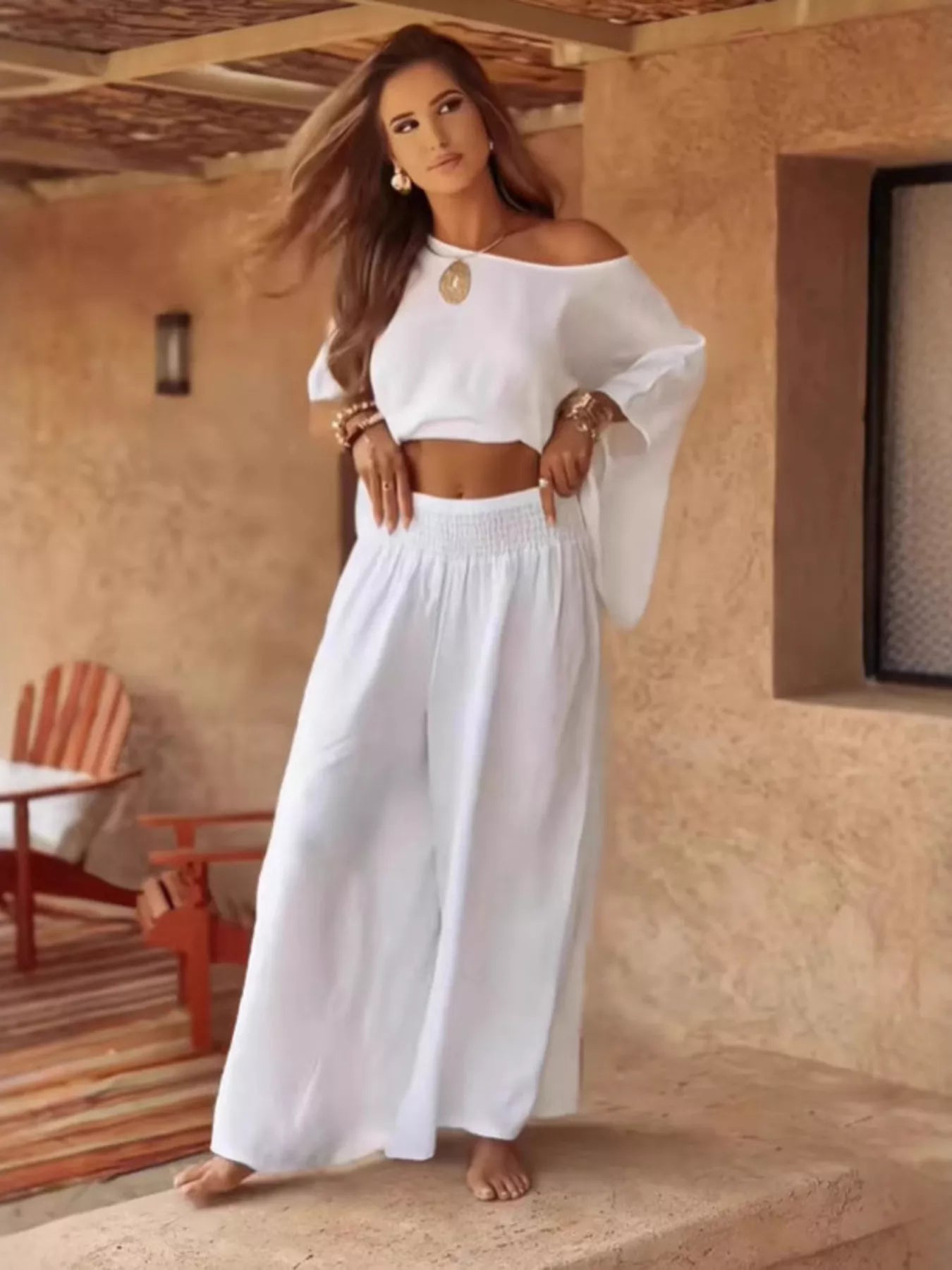 Full Size Boat Neck Top and Wide Leg Pants Set Plus Size