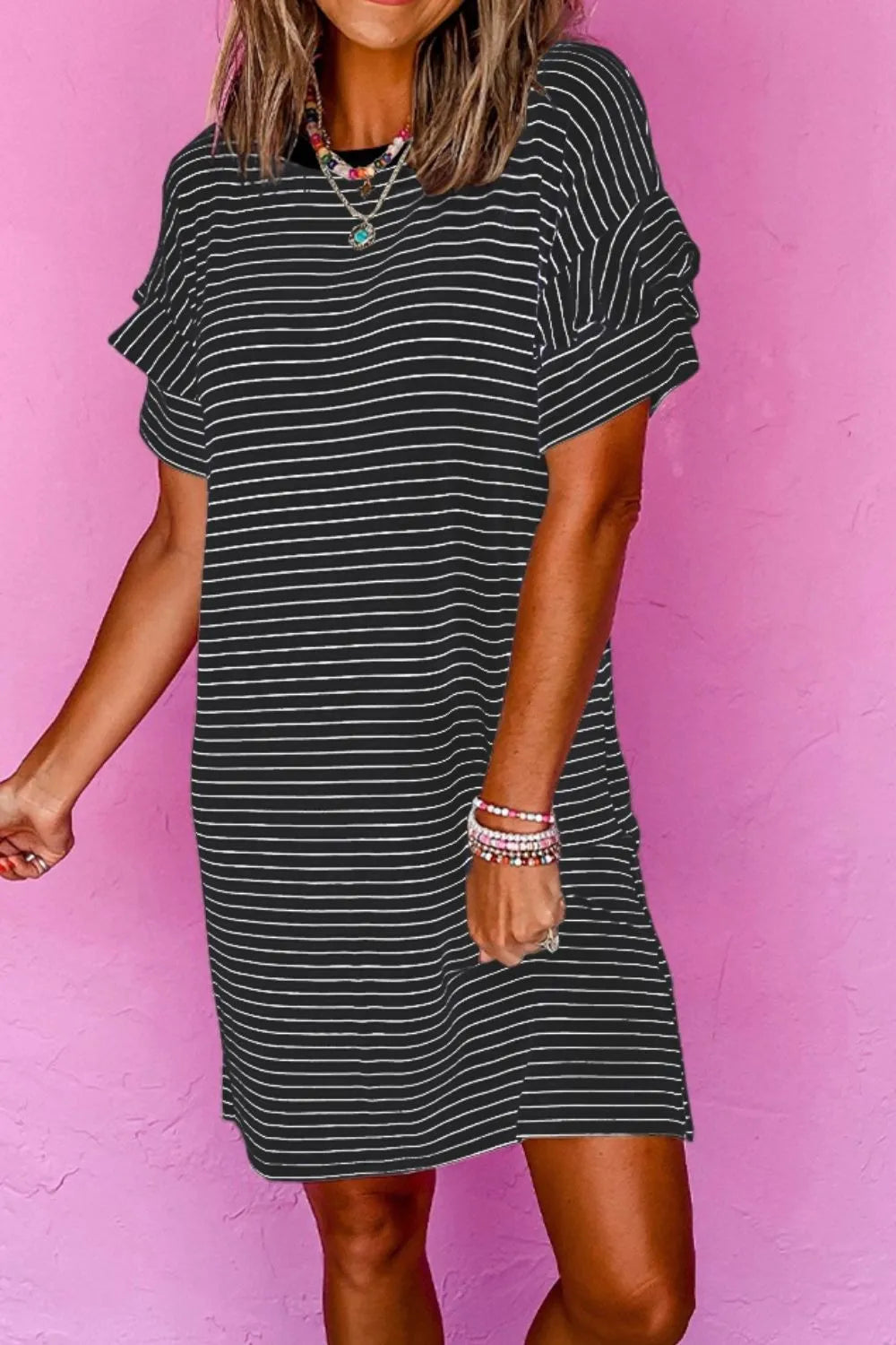 Casual Striped T-Shirt Dress with Pockets