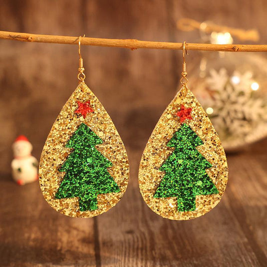 PU Leather Christmas Tree Earrings Gold One Size