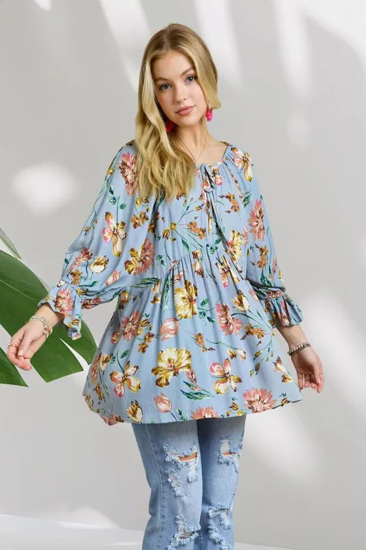 ADORA Floral Peasant Tunic Top BLUE