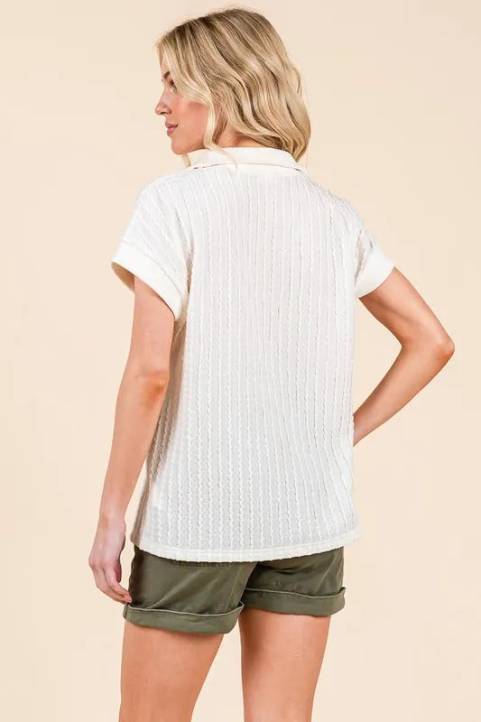 Lime 'N' Chili Textured Half Zip Cap Sleeve Contrast Top