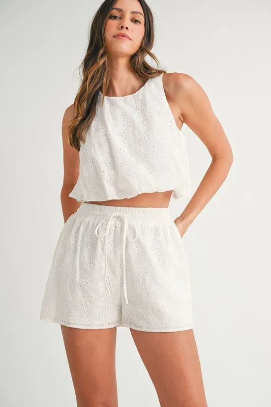 MABLE Eyelet Bubble Hem Sleeveless Top and Shorts Set Off White