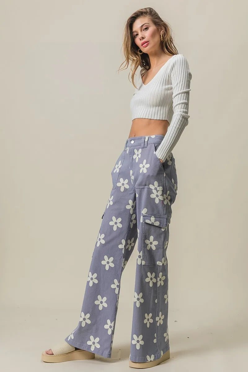 BiBi Flower Printed Side Pocket Wide Pants