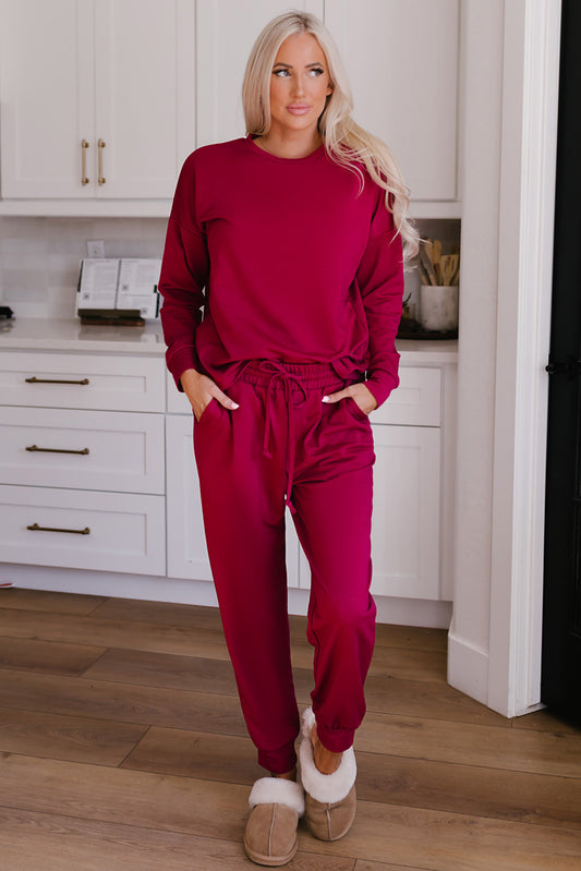Round Neck Top and Drawstring Pants Lounge Set Deep Rose