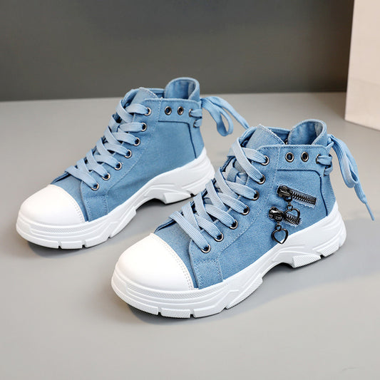 Decor Zipper Lace Up Round Toe Platform Sneakers Light Blue