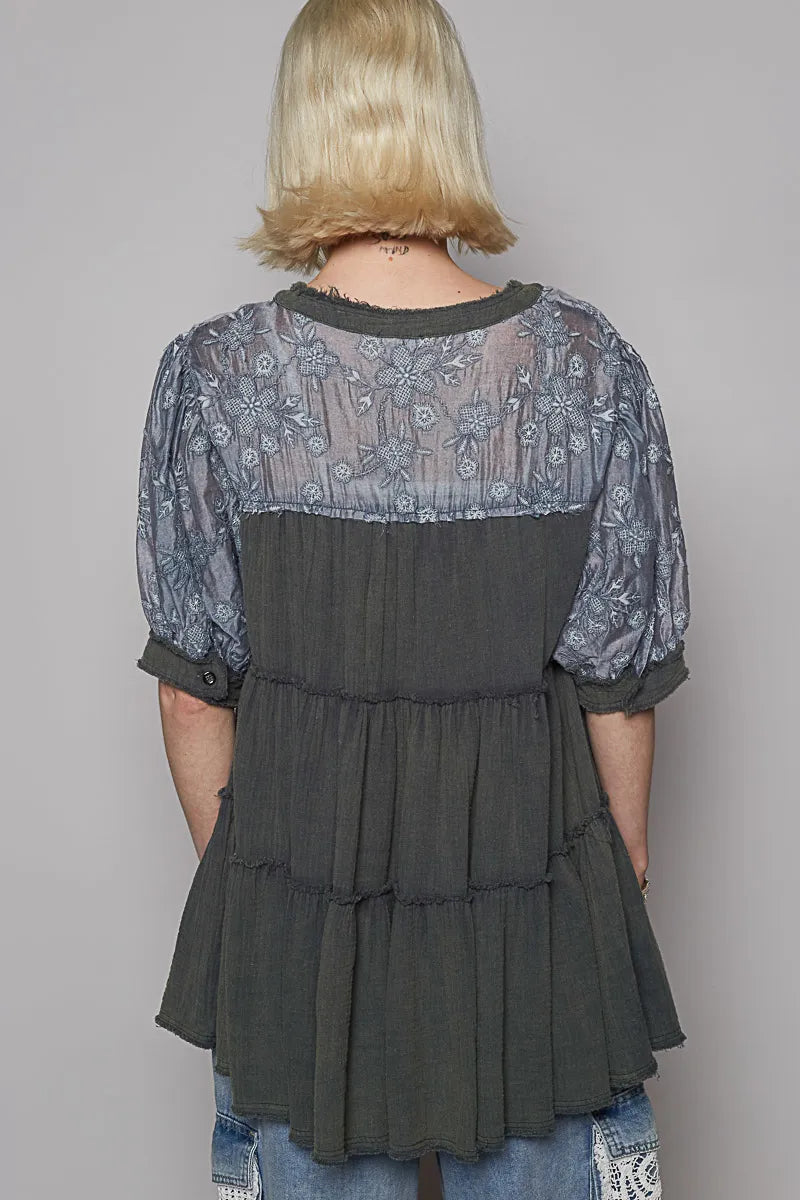POL Lace Detail Tiered Round Neck Half Sleeve Blouse