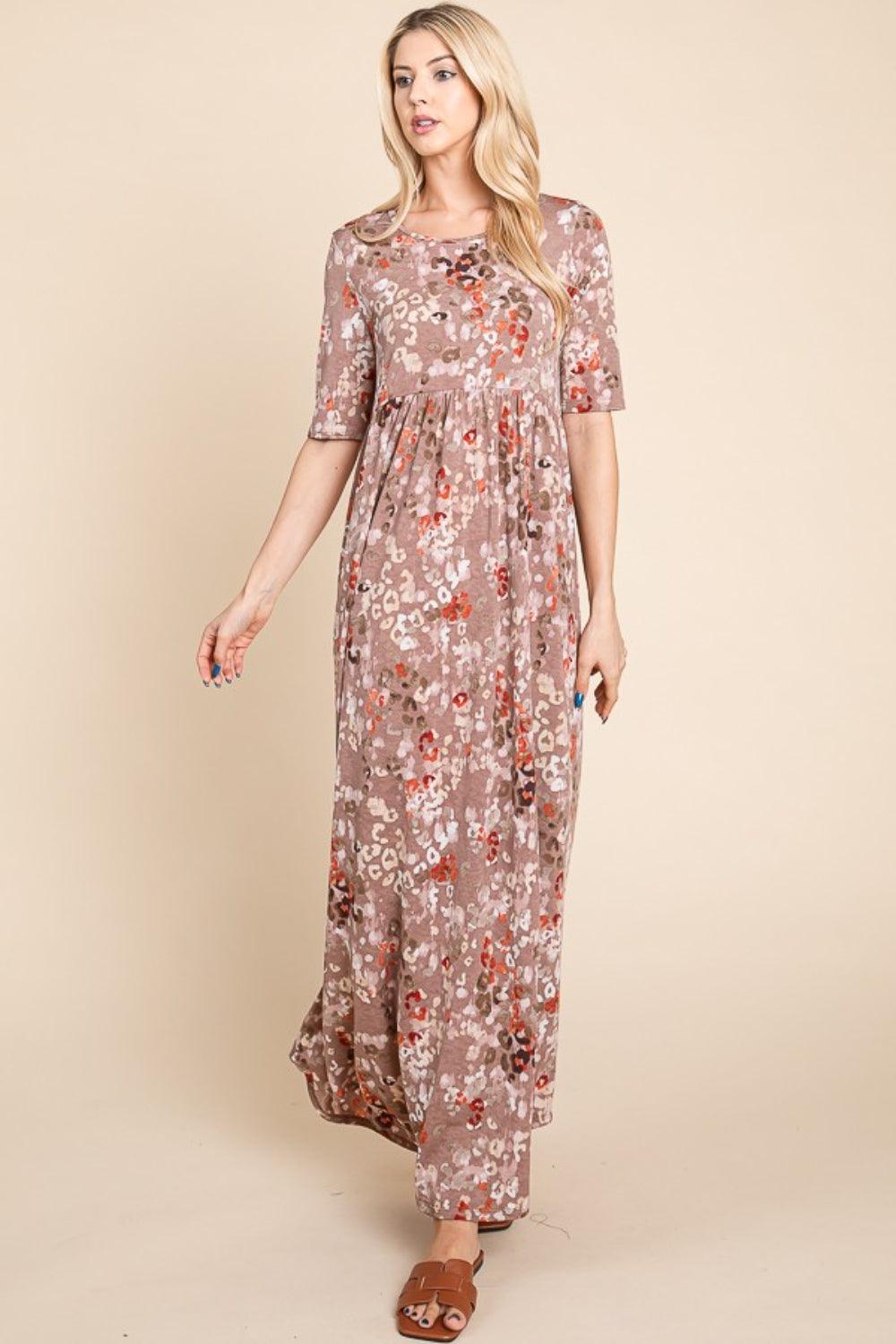 BOMBOM Printed Shirred Maxi Dress Mocha