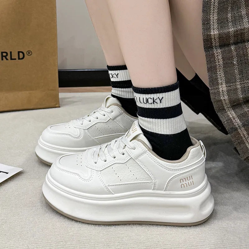 Round Toe Platform Sneakers Beige