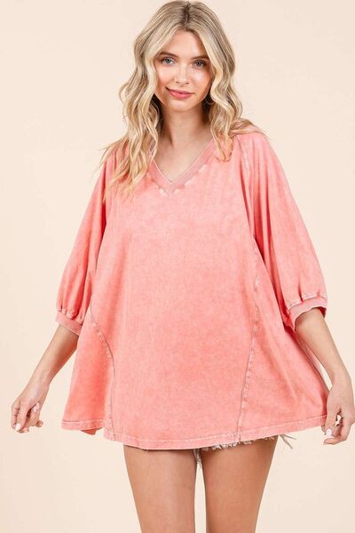 Mittoshop Mineral Wash V-Neck Raglan A-Line Relaxed Top Coral