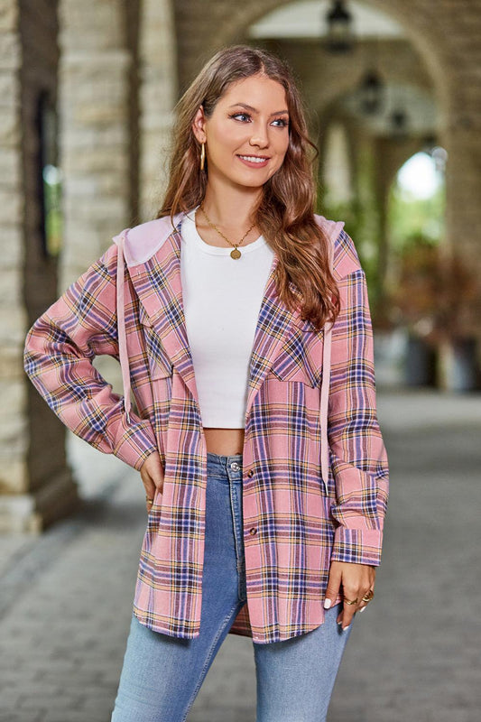 Mandy Plaid Long Sleeve Hooded Jacket Dusty Pink