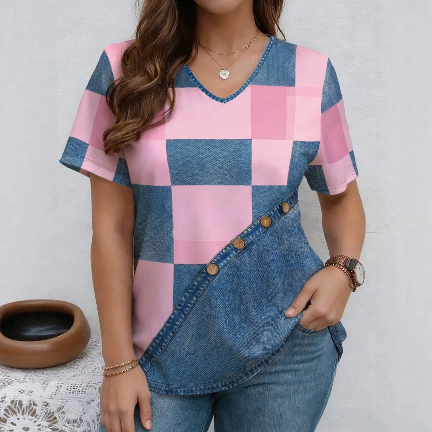 V-Neck Denim Print Short Sleeve T-Shirt | Loose Casual Tee