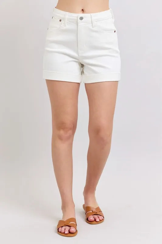 Judy Blue Full Size High Waist Double Roll Cuff Denim Shorts Plus Size White