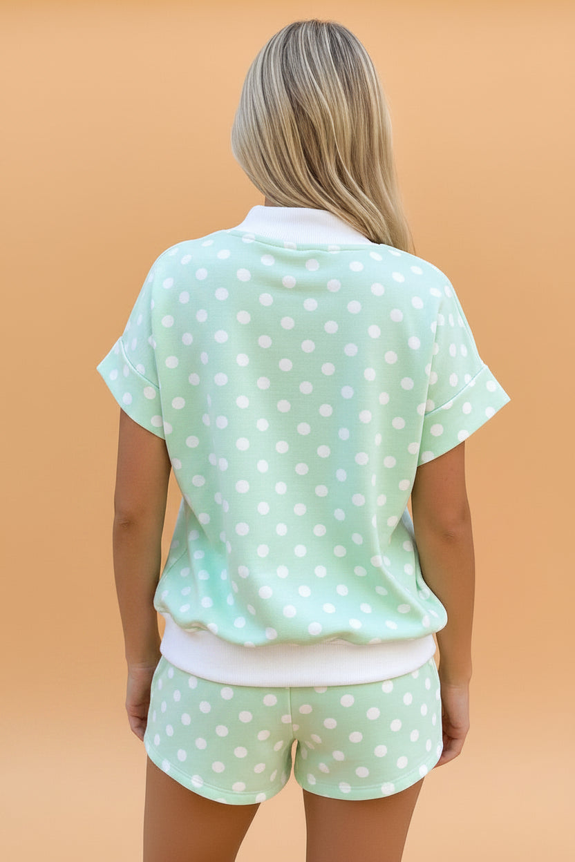 Polka Dot Colorblock Mock Neck & Shorts Set