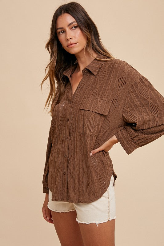 Annie Wear Openwork Button Down Drop Shoulder Shirt Brown