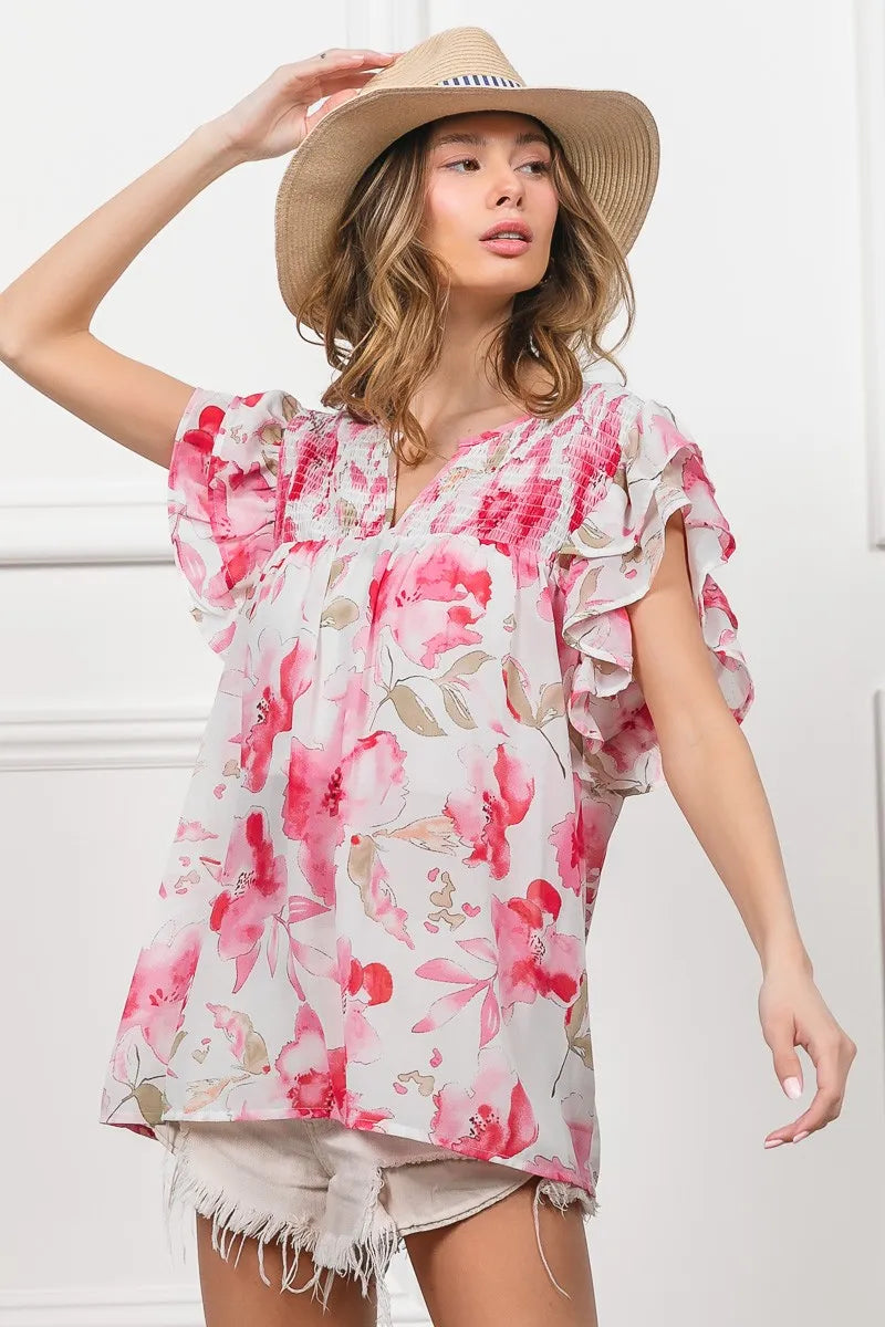 BiBi Floral Print Flutter Sheer Top